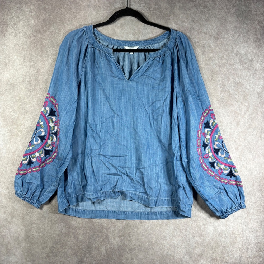 Crown & Ivy Top Womens S Blue Embroidered Chambray Boho Lyocell Festival Casual